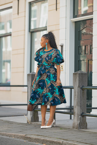 NEFERTITI BLUE AND BROWN MIDI DRESS