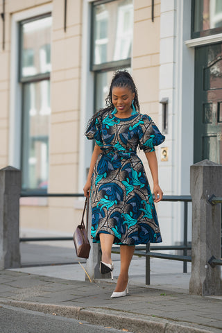 NEFERTITI BLUE AND BROWN MIDI DRESS