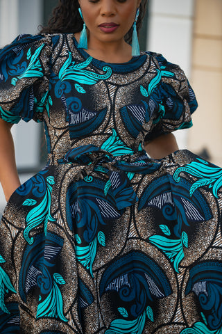 NEFERTITI BLUE AND BROWN MIDI DRESS