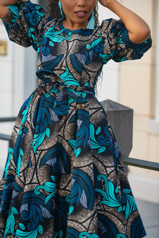 NEFERTITI BLUE AND BROWN MIDI DRESS