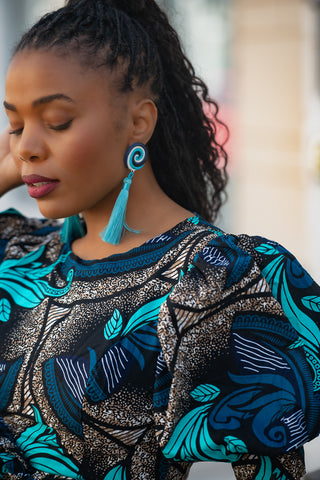 NEFERTITI BLUE AND BROWN MIDI DRESS