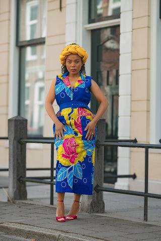 MBALI BLUE AND YELLOW SLEEVELESS DRESS