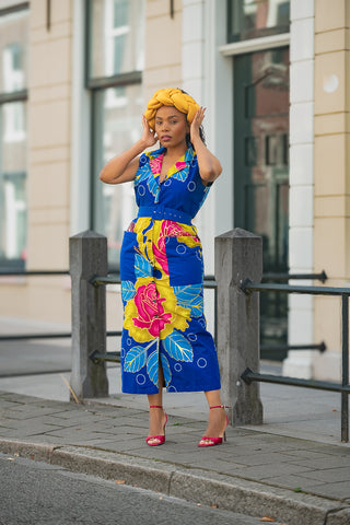 MBALI BLUE AND YELLOW SLEEVELESS DRESS