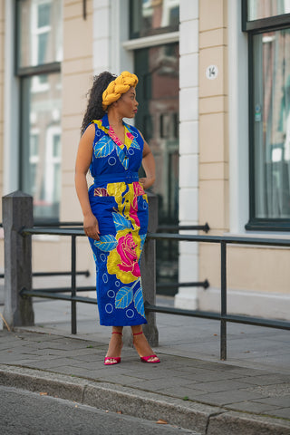 MBALI BLUE AND YELLOW SLEEVELESS DRESS