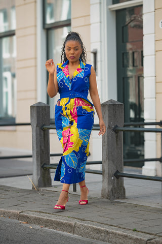 MBALI BLUE AND YELLOW SLEEVELESS DRESS