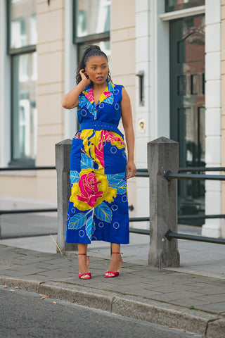 MBALI BLUE AND YELLOW SLEEVELESS DRESS