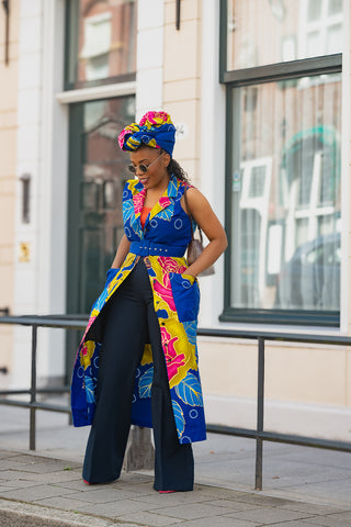 MBALI BLUE AND YELLOW SLEEVELESS DRESS