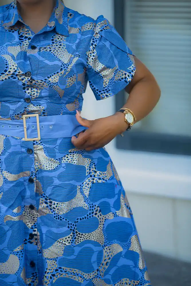 Elara Blue and Gold African Print Dress