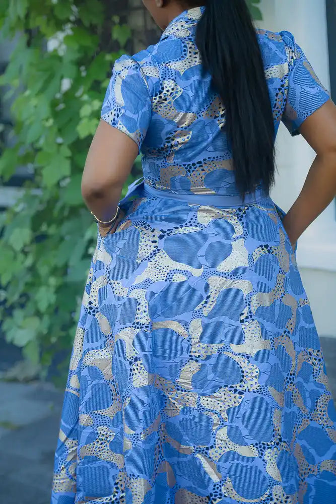 Elara Blue and Gold African Print Dress