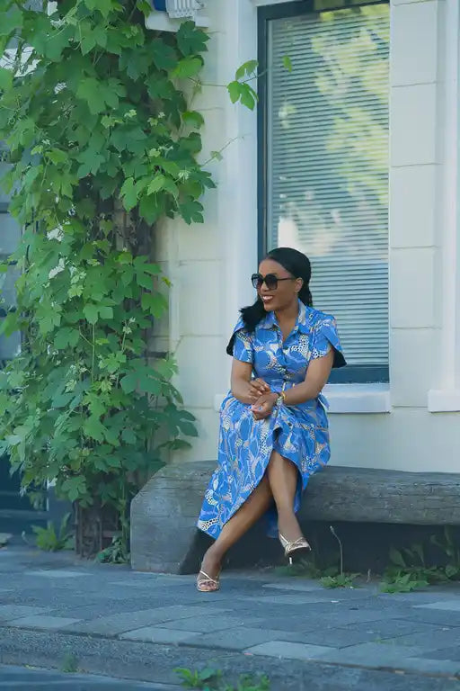 Elara Blue and Gold African Print Dress