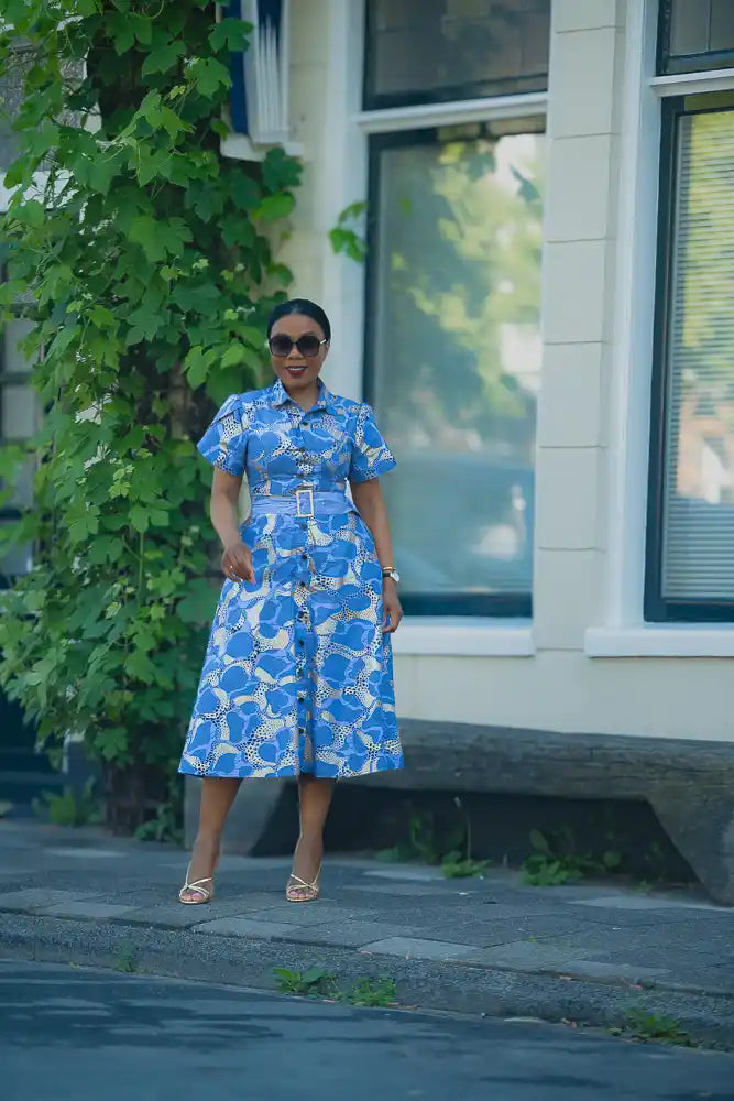 Elara Blue and Gold African Print Dress