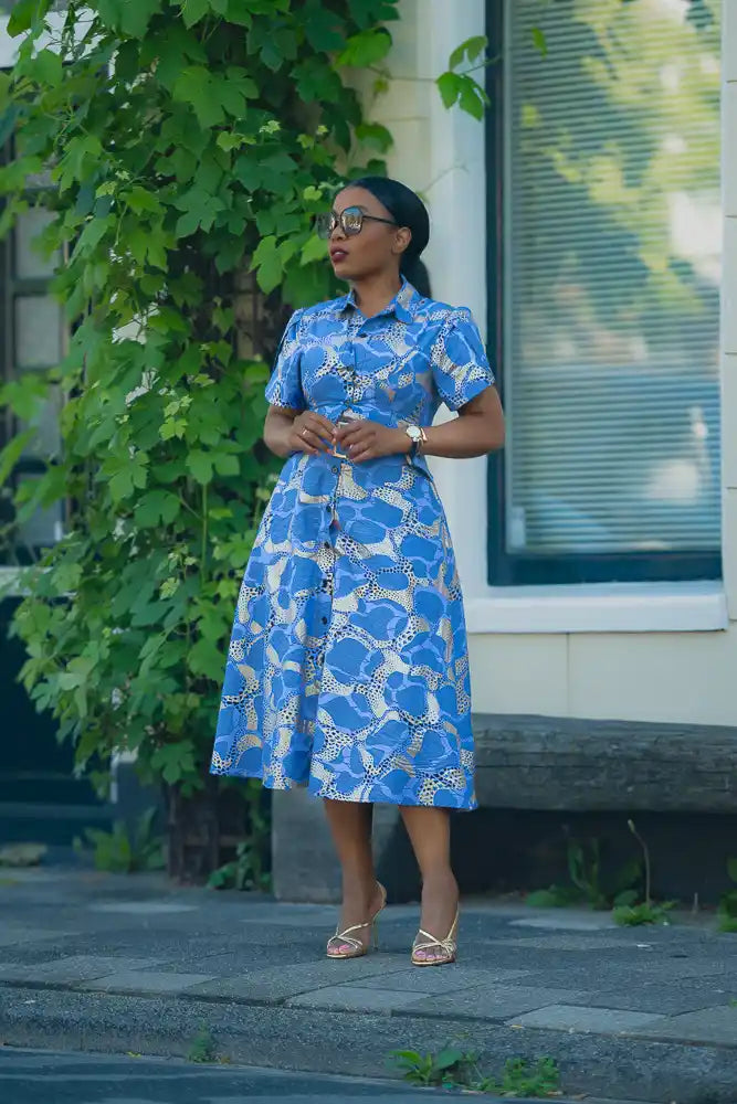 Elara Blue and Gold African Print Dress