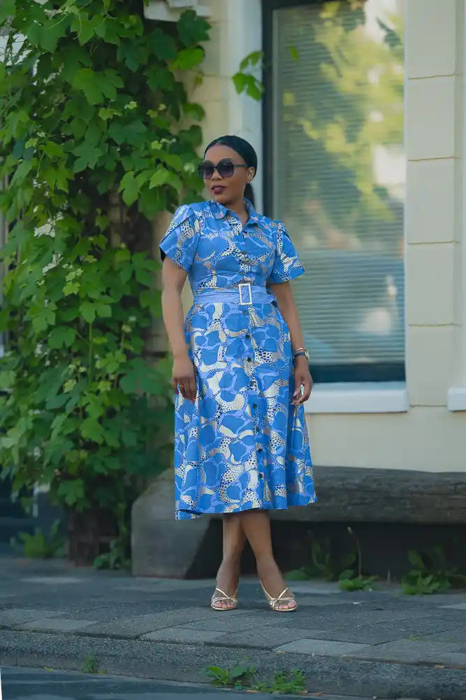 Elara Blue and Gold African Print Dress