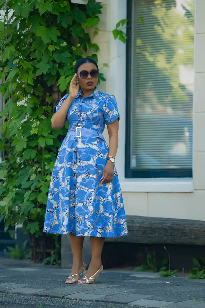 Elara Blue and Gold African Print Dress