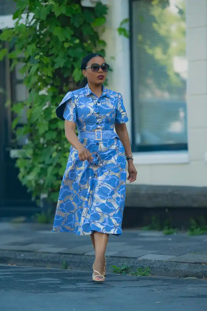 Elara Blue and Gold African Print Dress