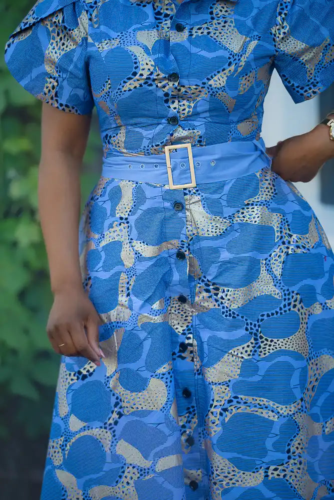 Close up of Belted Blue African print Midi Women's Dress