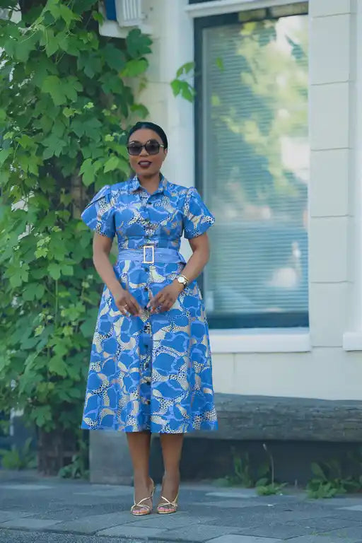 Elara Blue and Gold African Print Dress
