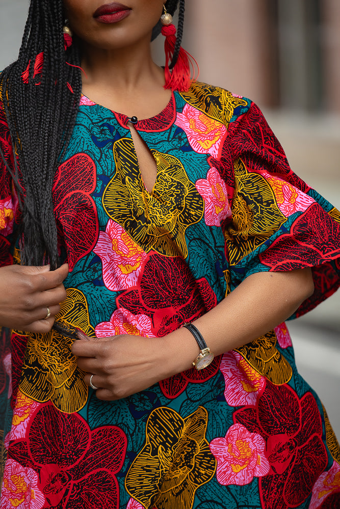 Close detail Floral African print Ankara Midi Dress Women's Clothing