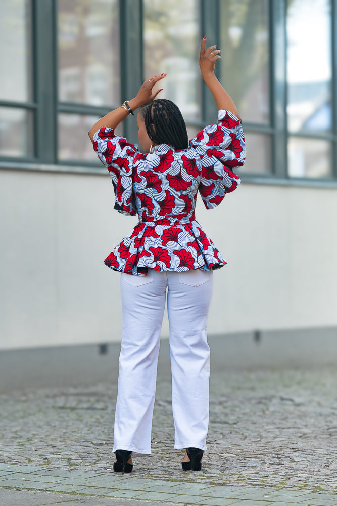 Back view of African print cotton peplum top in Red