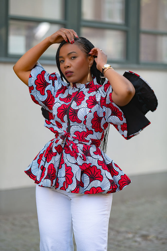 Close up of Red African print Ankara peplum top