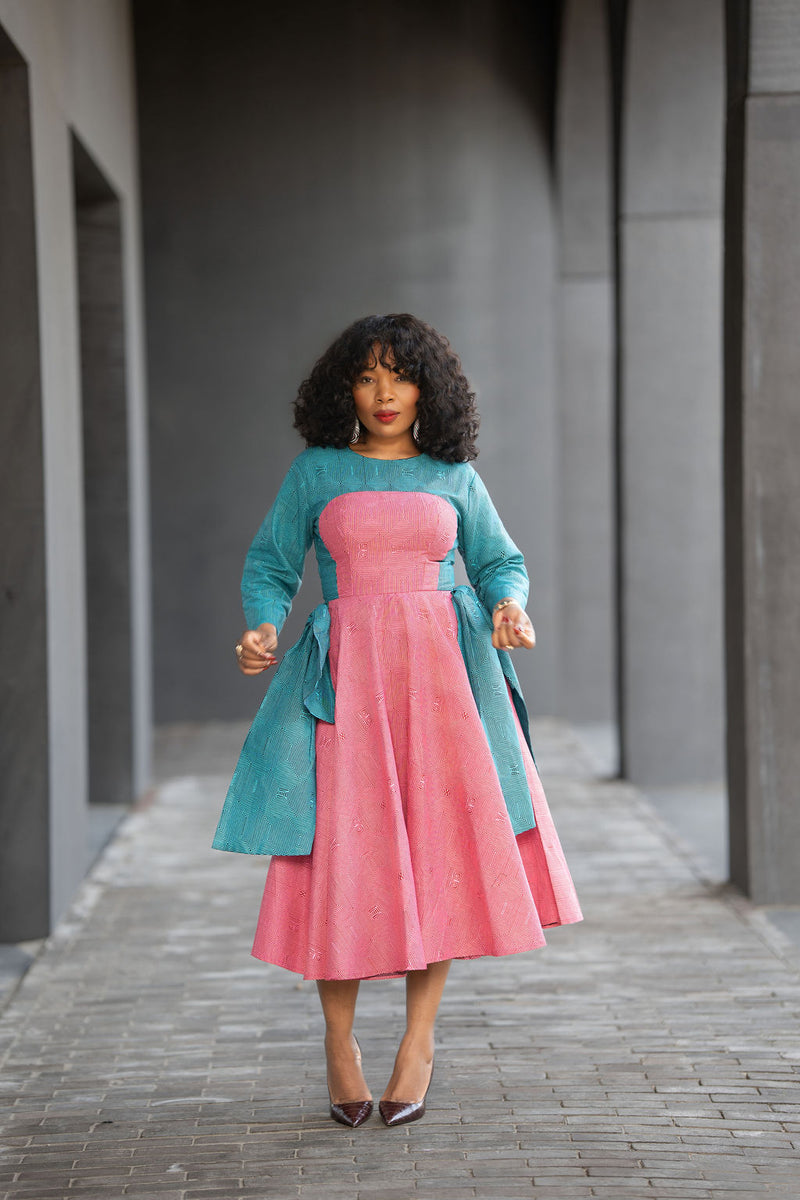 Kora Teal and Pink Geometric Ankara Print Dress