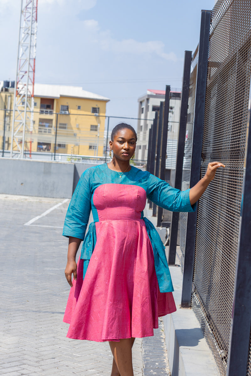 Kora Teal and Pink Geometric Ankara Print Dress