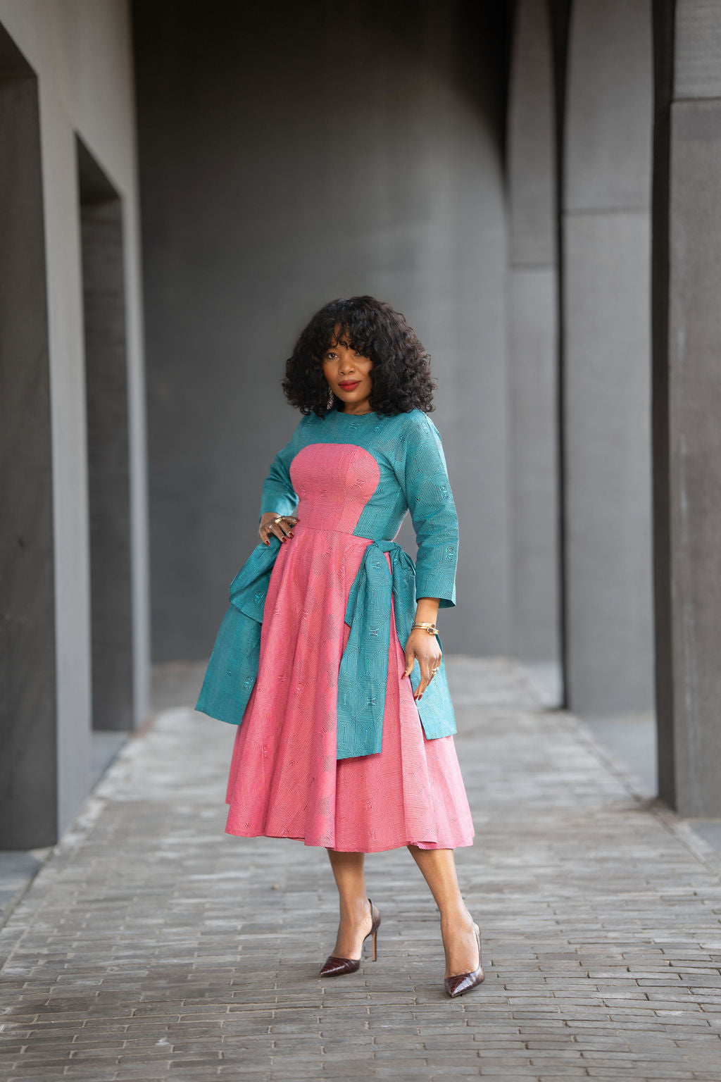 Kora Teal and Pink Geometric Ankara Print Dress