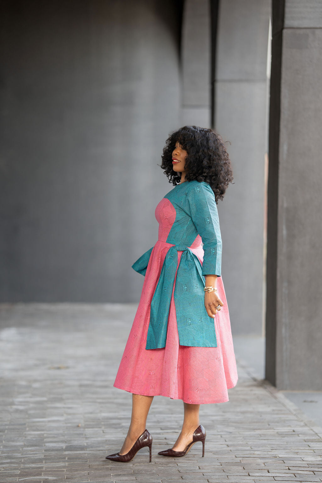 Kora Teal and Pink Geometric Ankara Print Dress