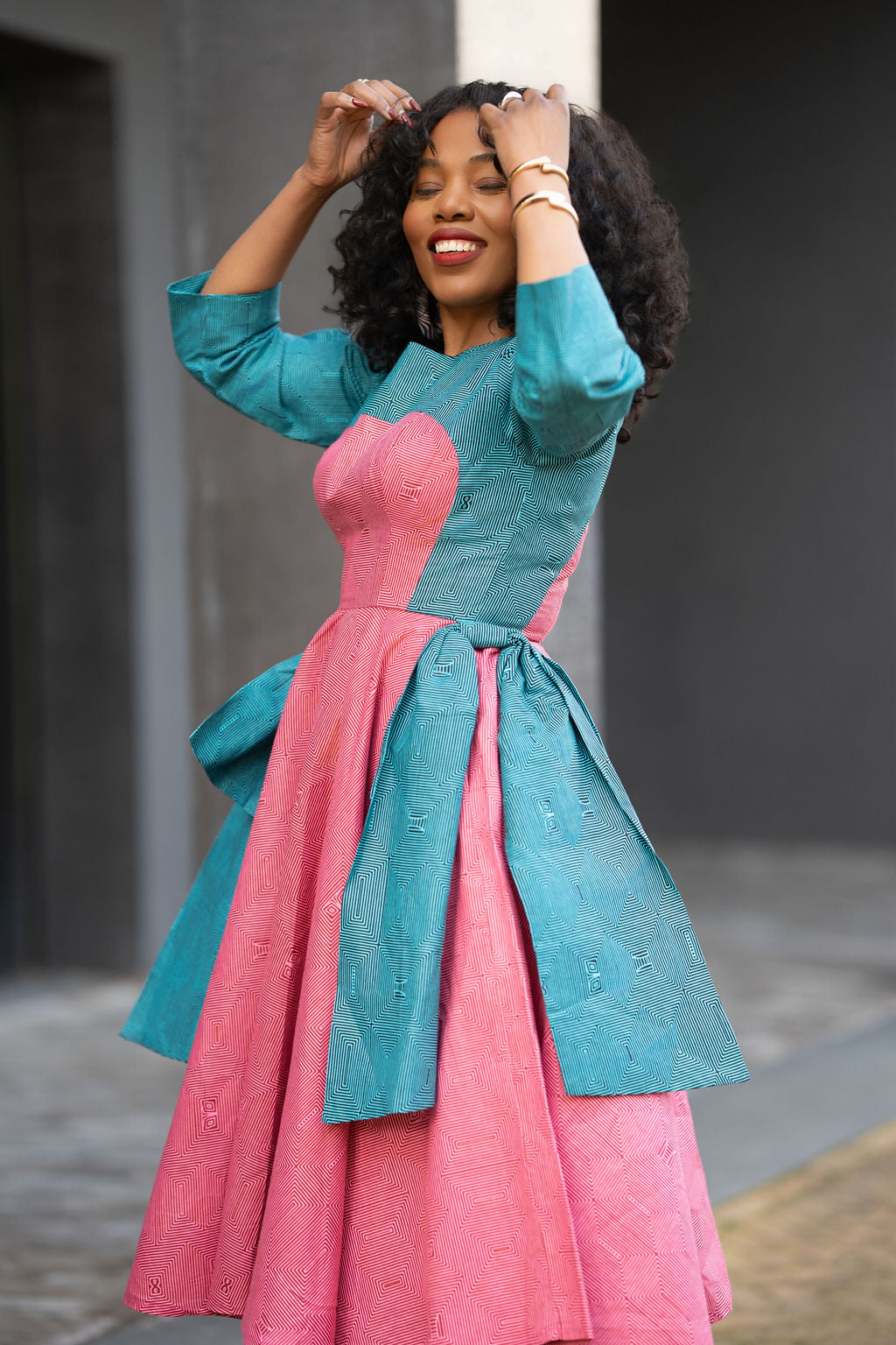 Kora Teal and Pink Geometric Ankara Print Dress