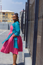 Kora Teal and Pink Geometric Ankara Print Dress