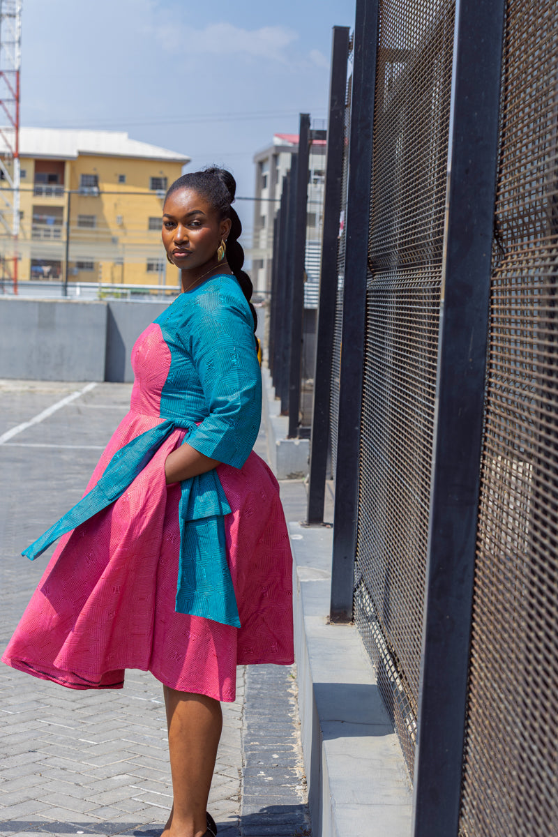 Kora Teal and Pink Geometric Ankara Print Dress