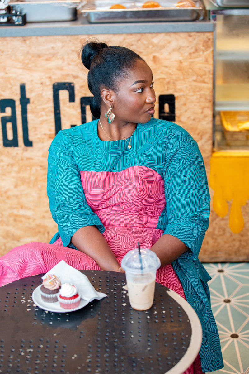 Kora Teal and Pink Geometric Ankara Print Dress