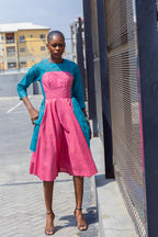 Kora Teal and Pink Geometric Ankara Print Dress