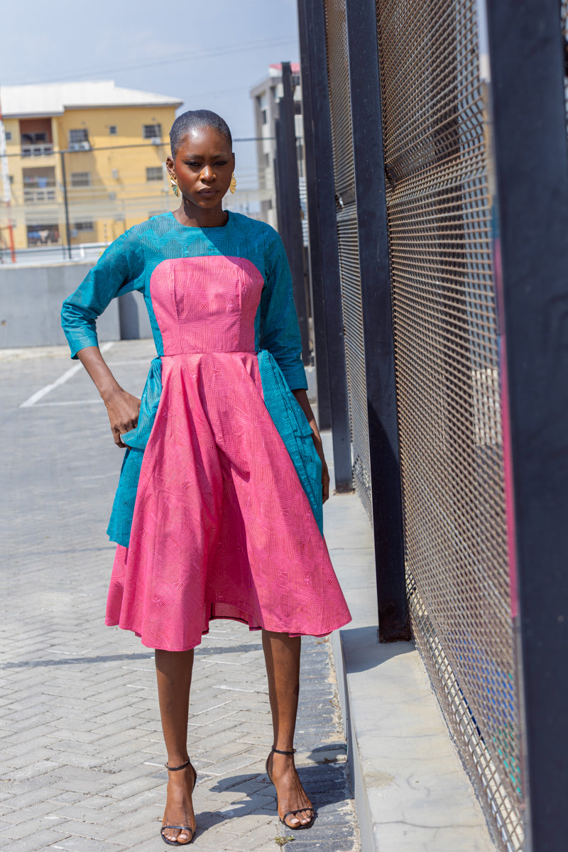 Kora Teal and Pink Geometric Ankara Print Dress