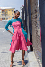 Kora Teal and Pink Geometric Ankara Print Dress