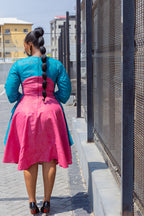 Kora Teal and Pink Geometric Ankara Print Dress