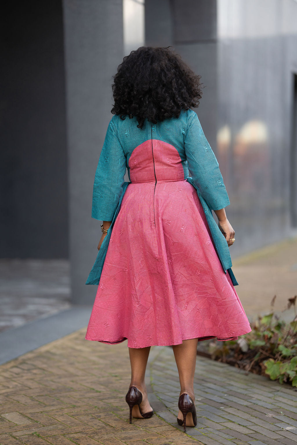 Kora Teal and Pink Geometric Ankara Print Dress