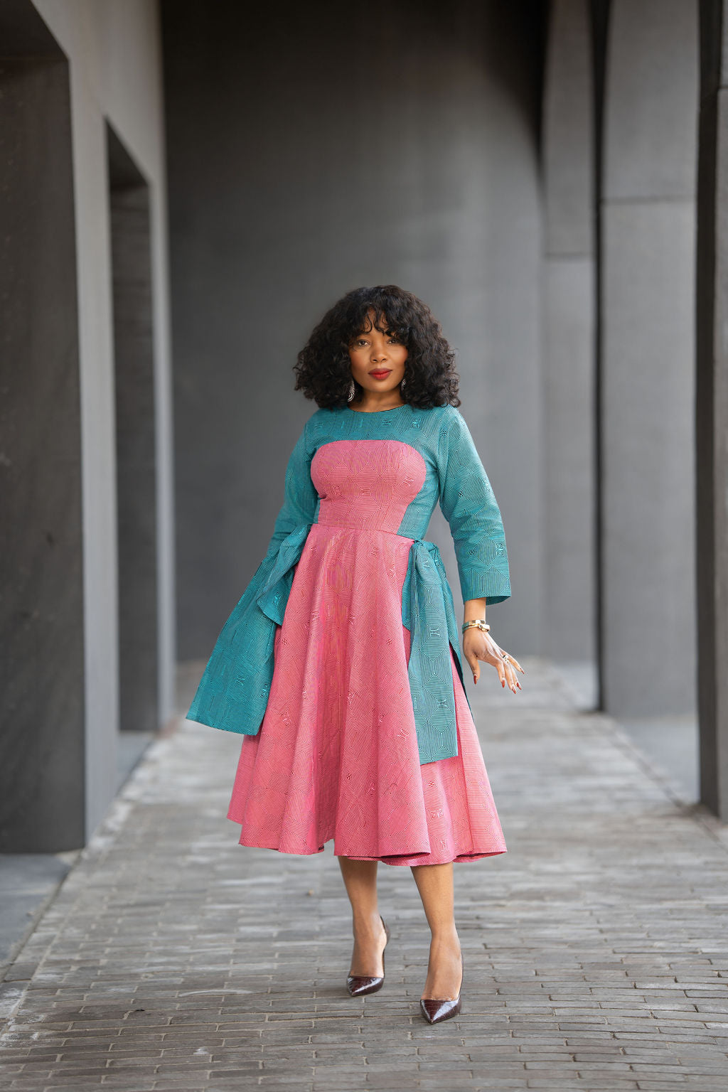 Kora Teal and Pink Geometric Ankara Print Dress