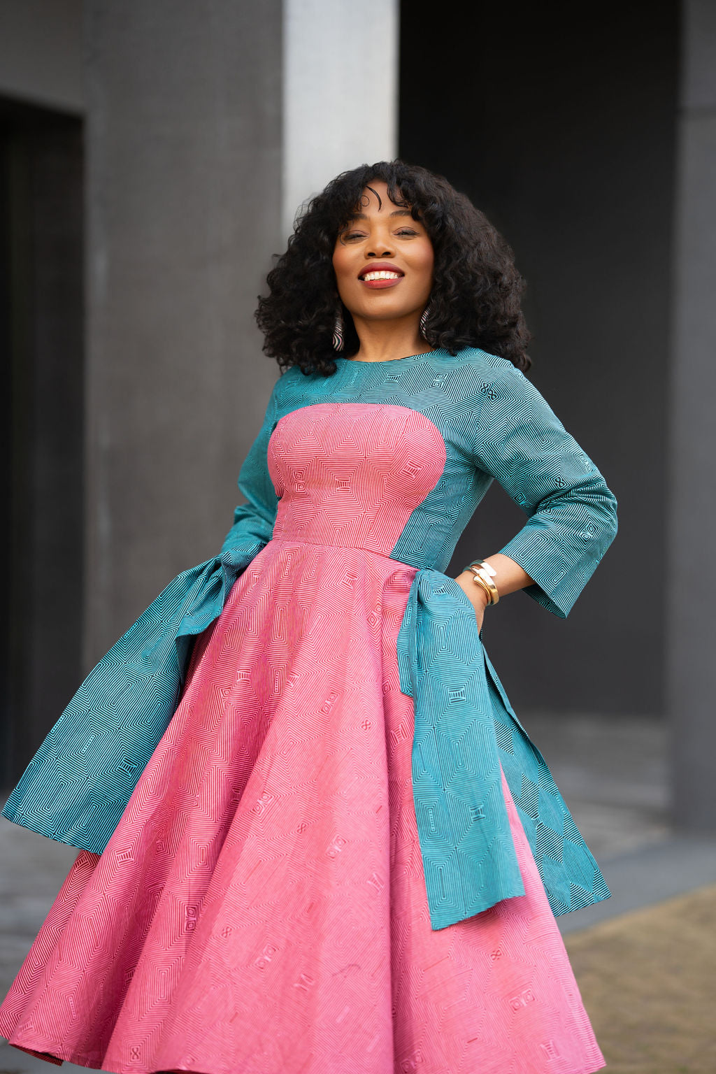 Kora Teal and Pink Geometric Ankara Print Dress
