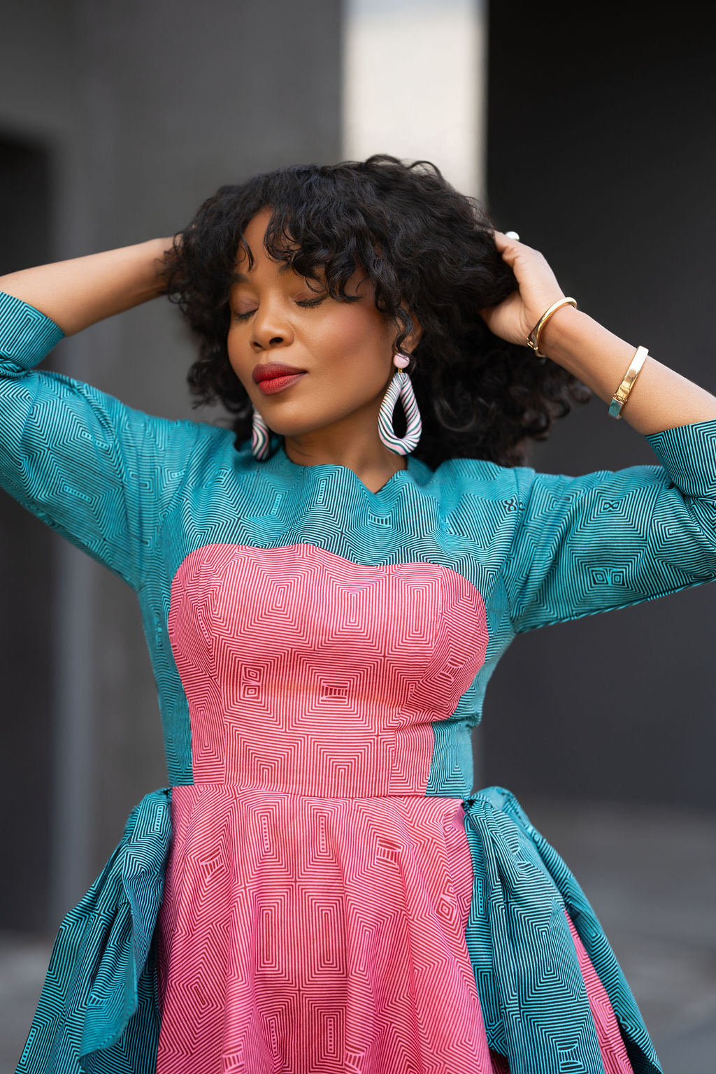 Kora Teal and Pink Geometric Ankara Print Dress