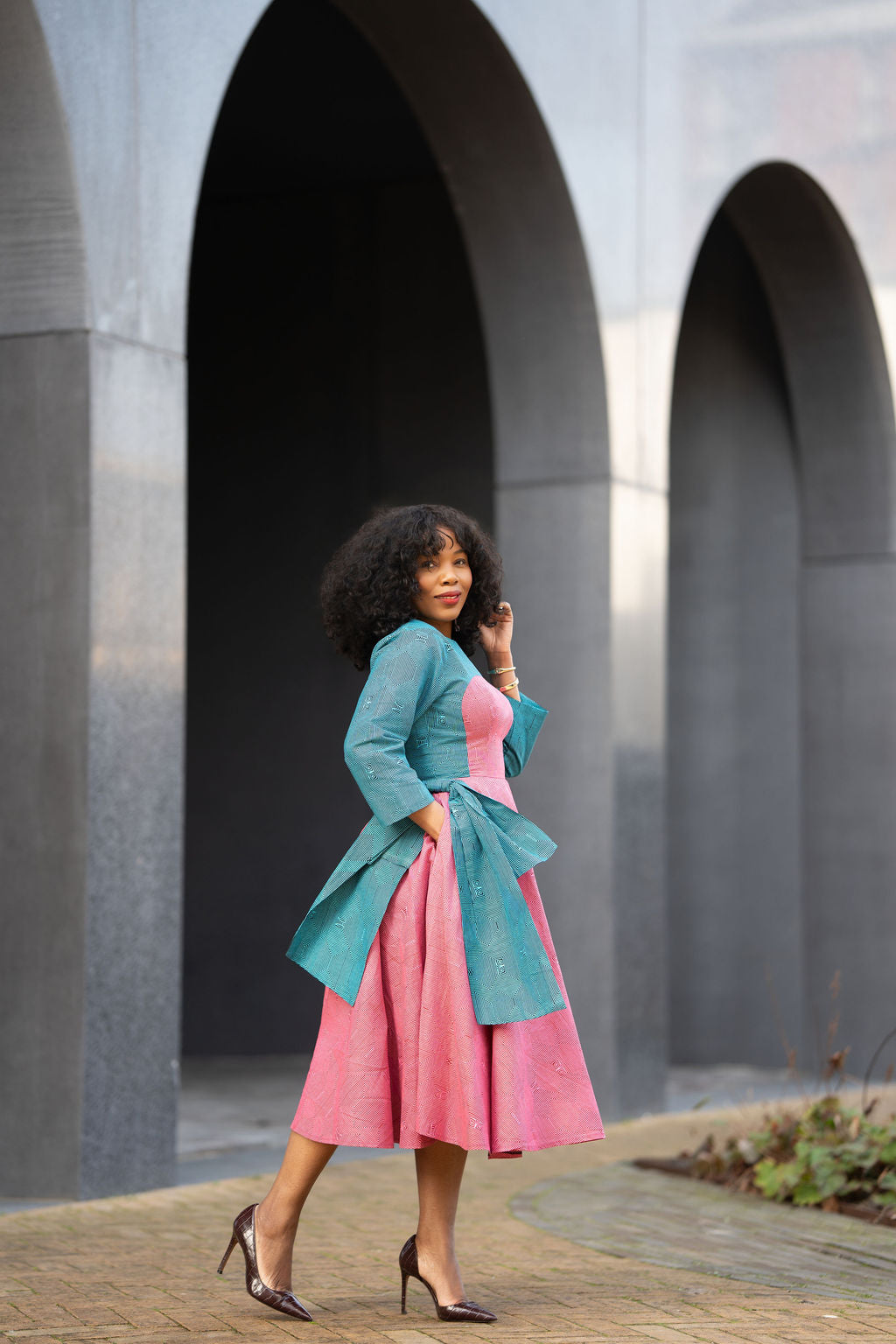 Kora Teal and Pink Geometric Ankara Print Dress