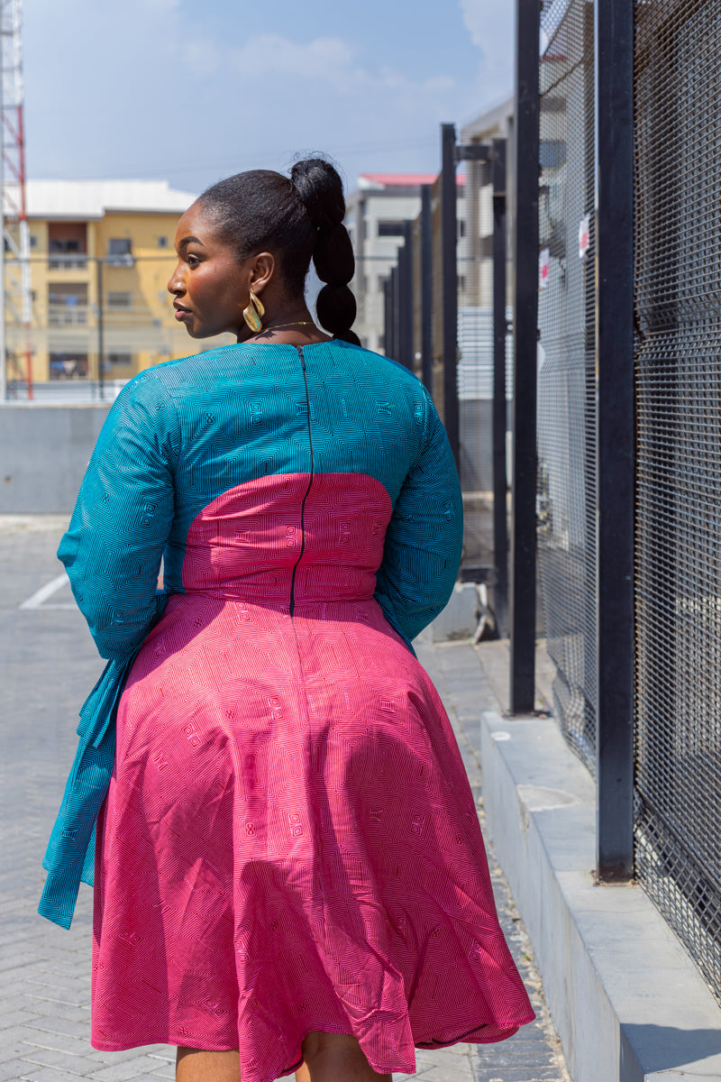 Kora Teal and Pink Geometric Ankara Print Dress