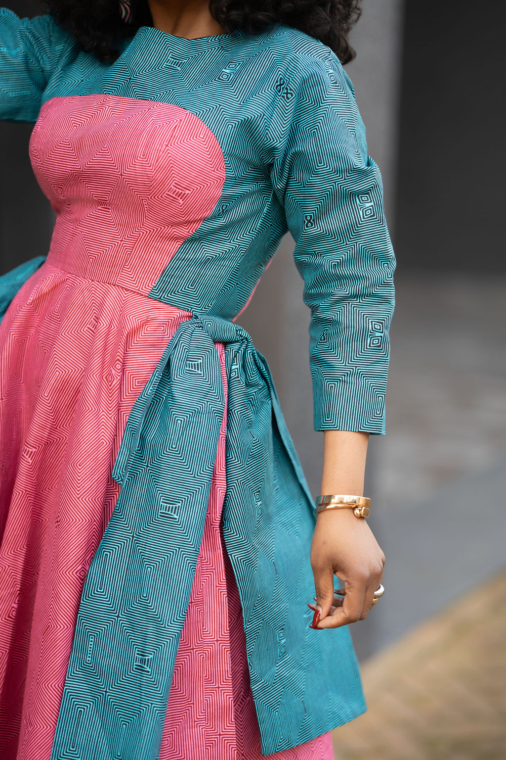 Kora Teal and Pink Geometric Ankara Print Dress