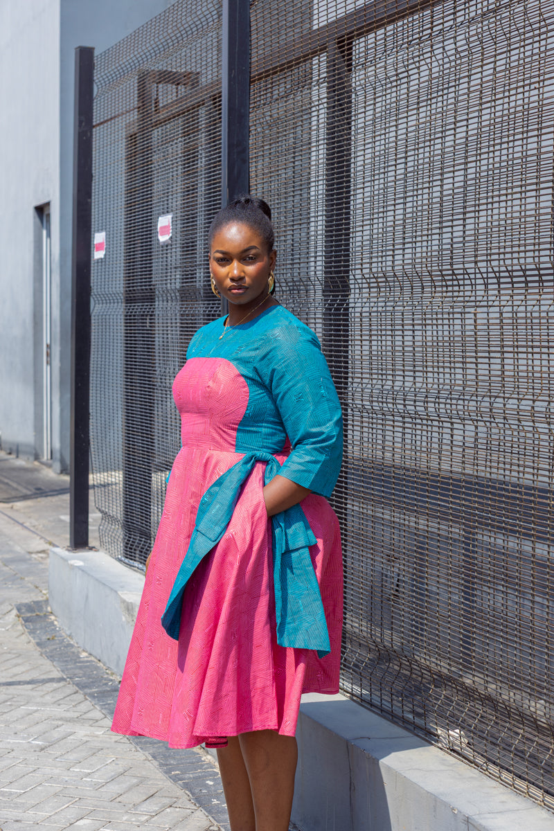 Kora Teal and Pink Geometric Ankara Print Dress