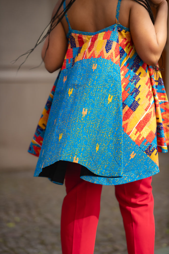 Close up of colorful African wax print cotton flare Top back details