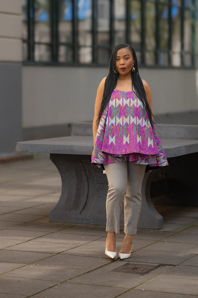 Leena African print cotton flare Top in purple and grey Women's Clothing