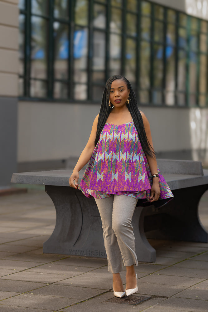 Leena African print cotton flare Top in purple and grey Women's Clothing