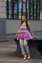 Model wearing an African print purple and grey flare top, Women's Fashion