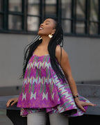 Leena African print cotton flare Top in purple and grey Women's Clothing