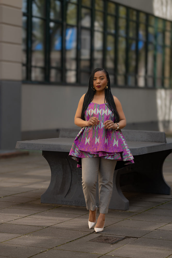 Leena African print cotton flare Top in purple and grey by heritage clothings